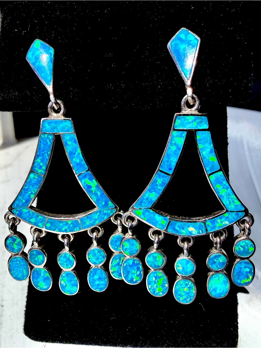 Southwestern 925 Sterling Silver Blue Opal Inlay Dangle Earrings Signed Large